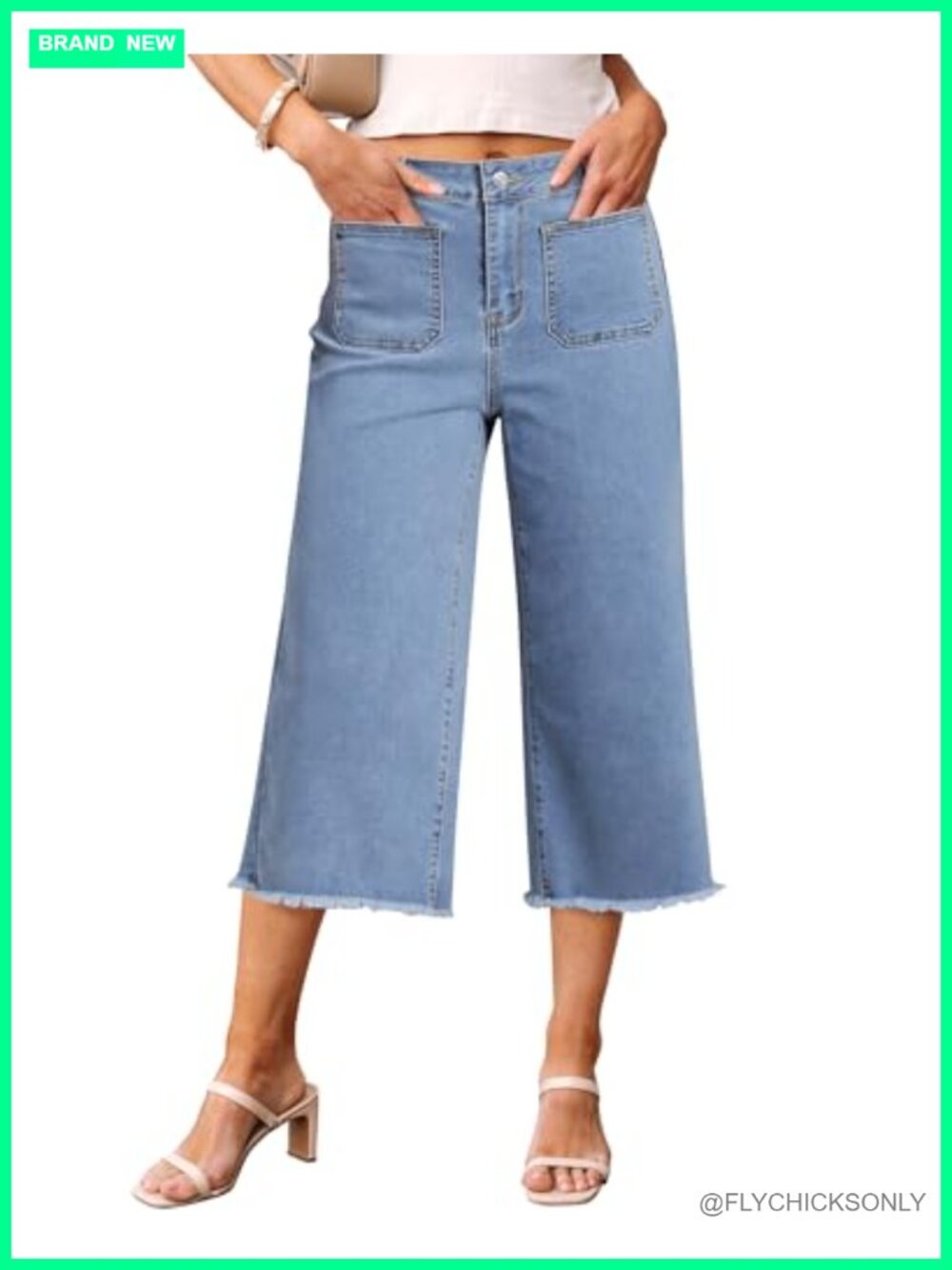 High Waisted Wide Leg Capri Jeans Cropped Frayed Hem Stretch Denim